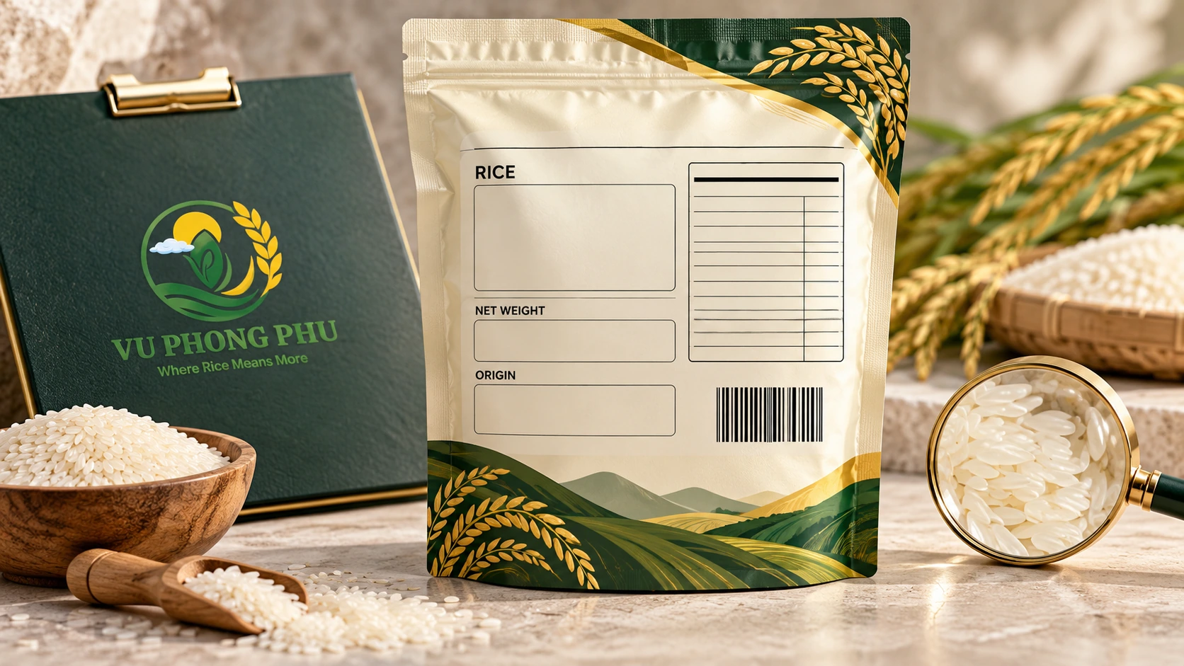 Vũ Phong Phú branded rice label requirements buyer checklist concept illustration