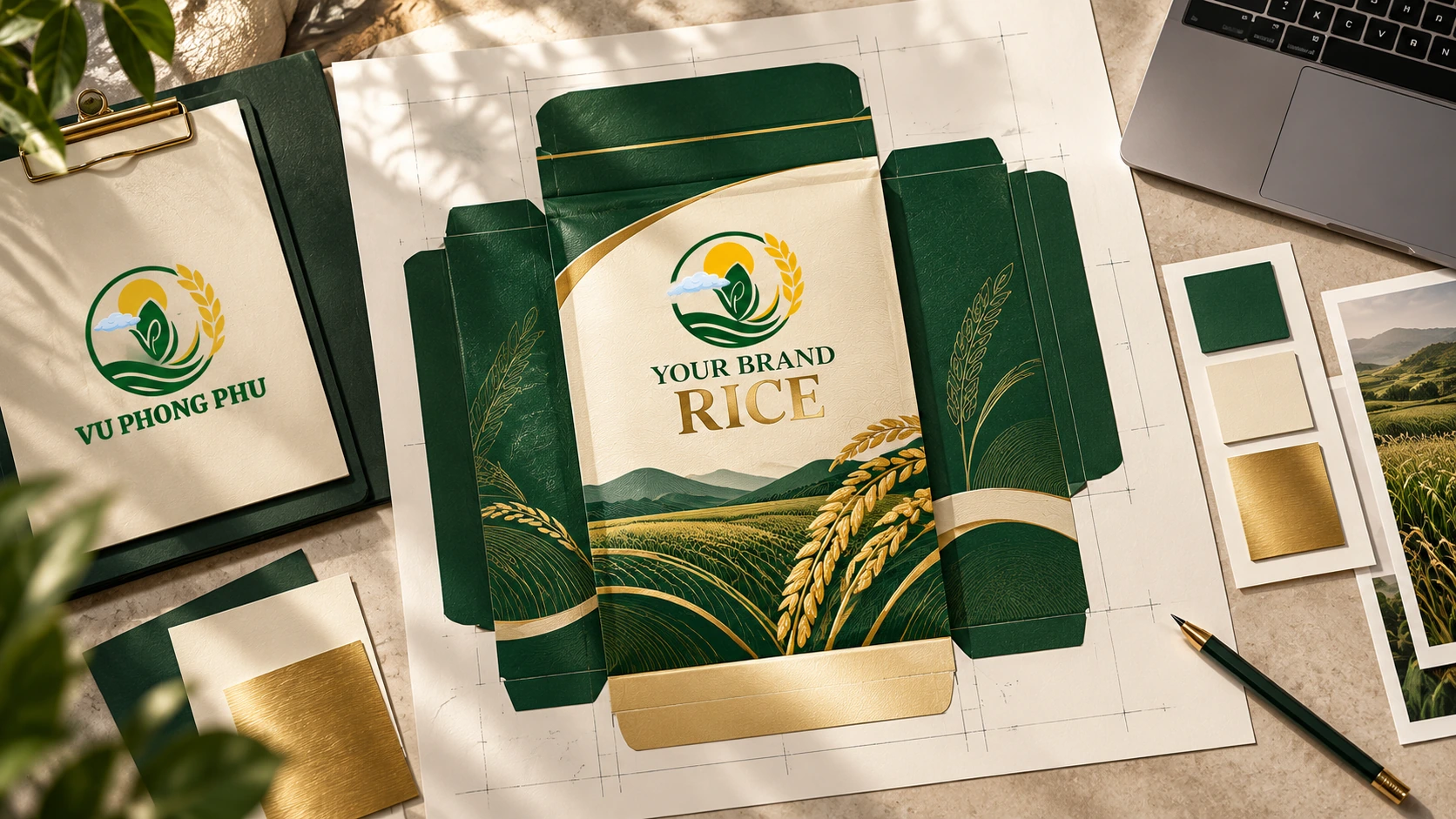 Vũ Phong Phú branded rice packaging artwork checklist concept illustration