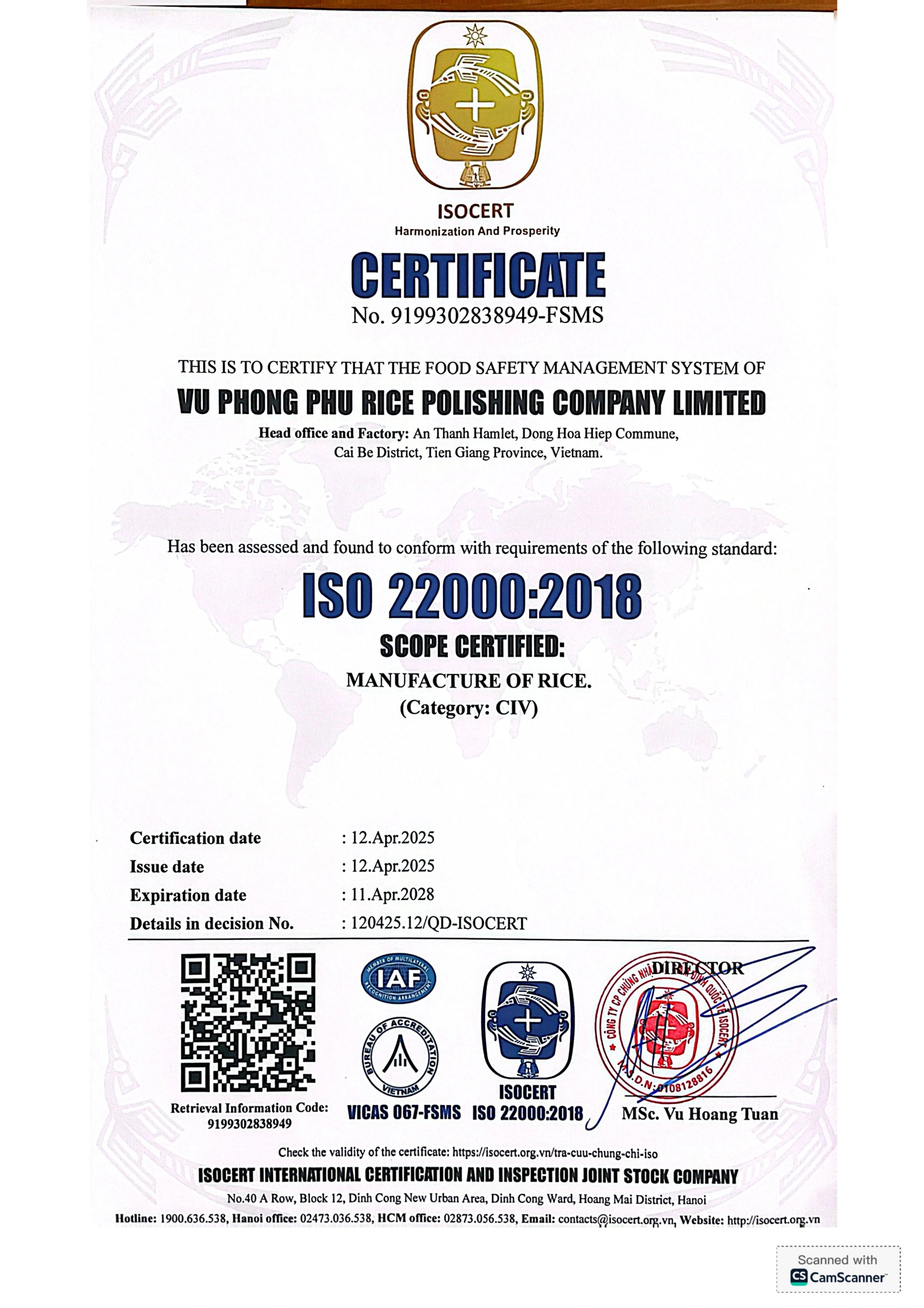 Vũ Phong Phú ISO 22000:2018 certificate, No. 9199302838949-FSMS. Issued 12 April 2025; expiry 11 April 2028, as printed.