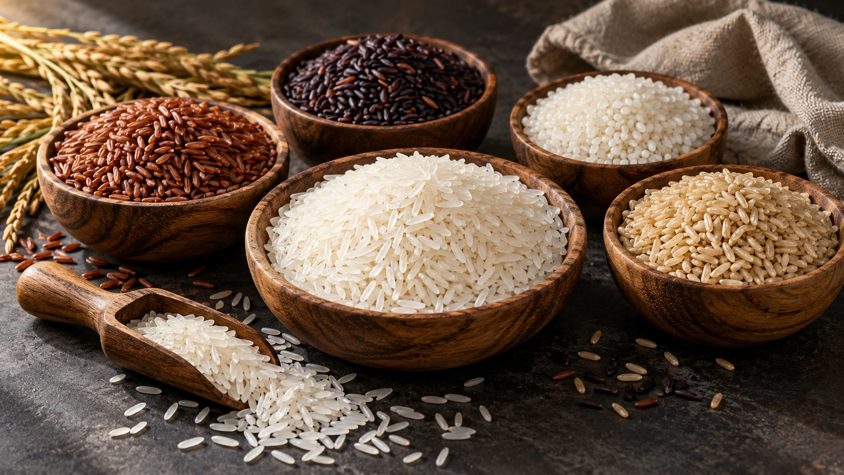 Rice assortment in wooden bowls