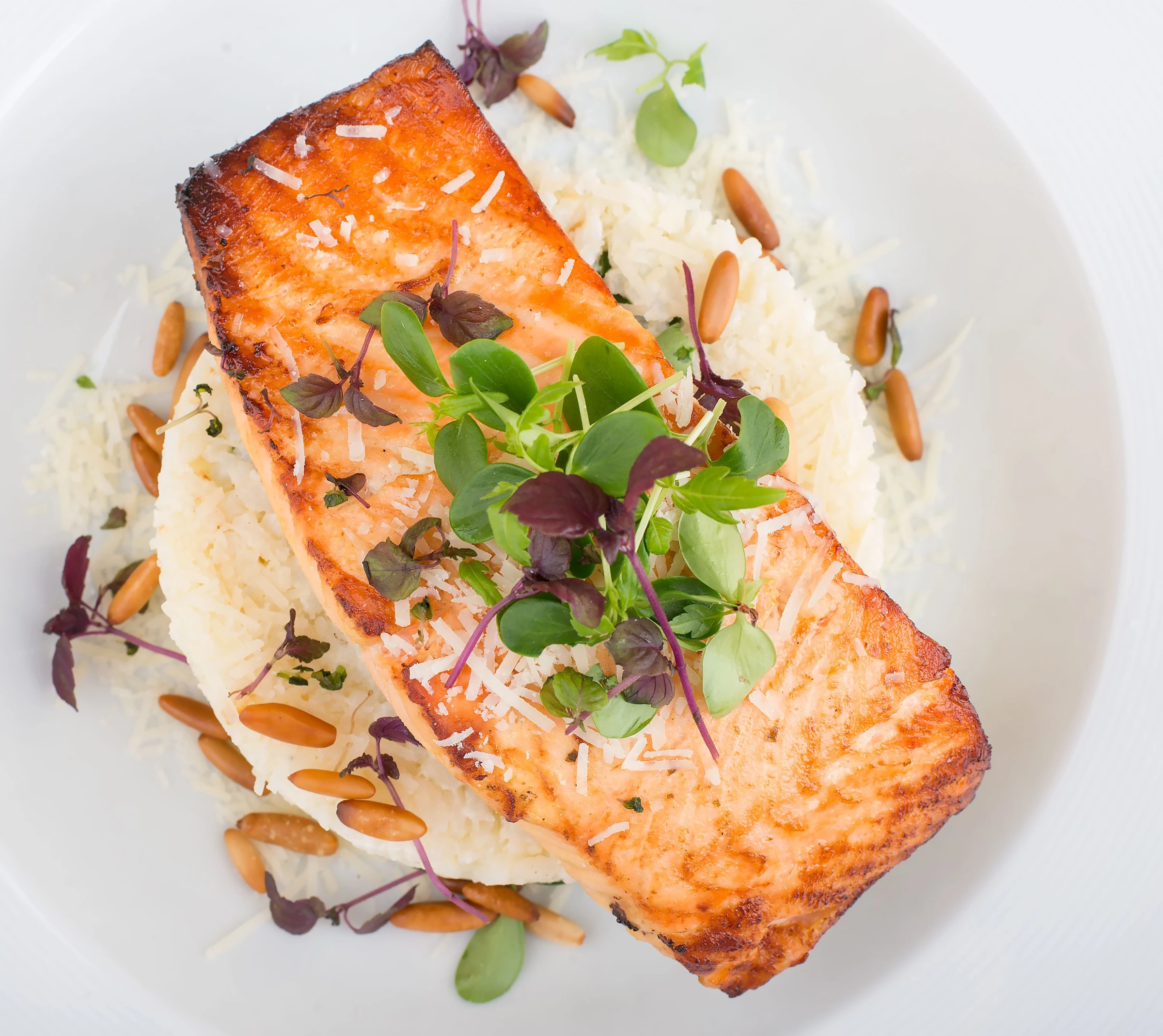 Salmon Rice Plate with Pine Nuts and Microgreens — serving inspiration