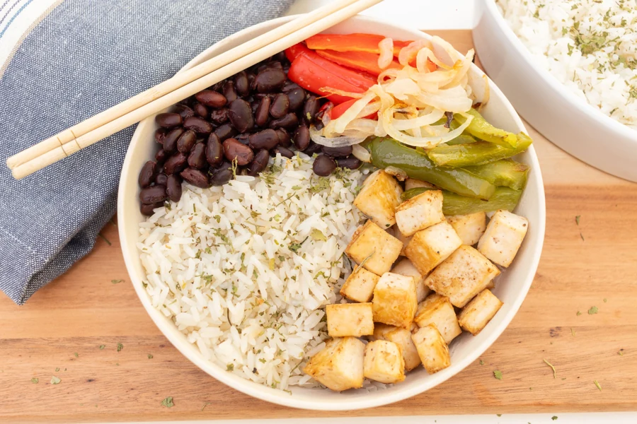 Tofu Rice Bowl with Beans and Roasted Peppers