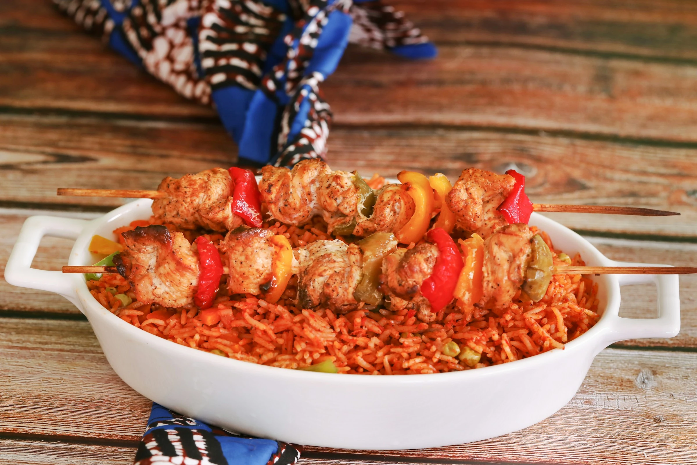 Tomato Jollof-Style Rice with Chicken Skewers — serving inspiration